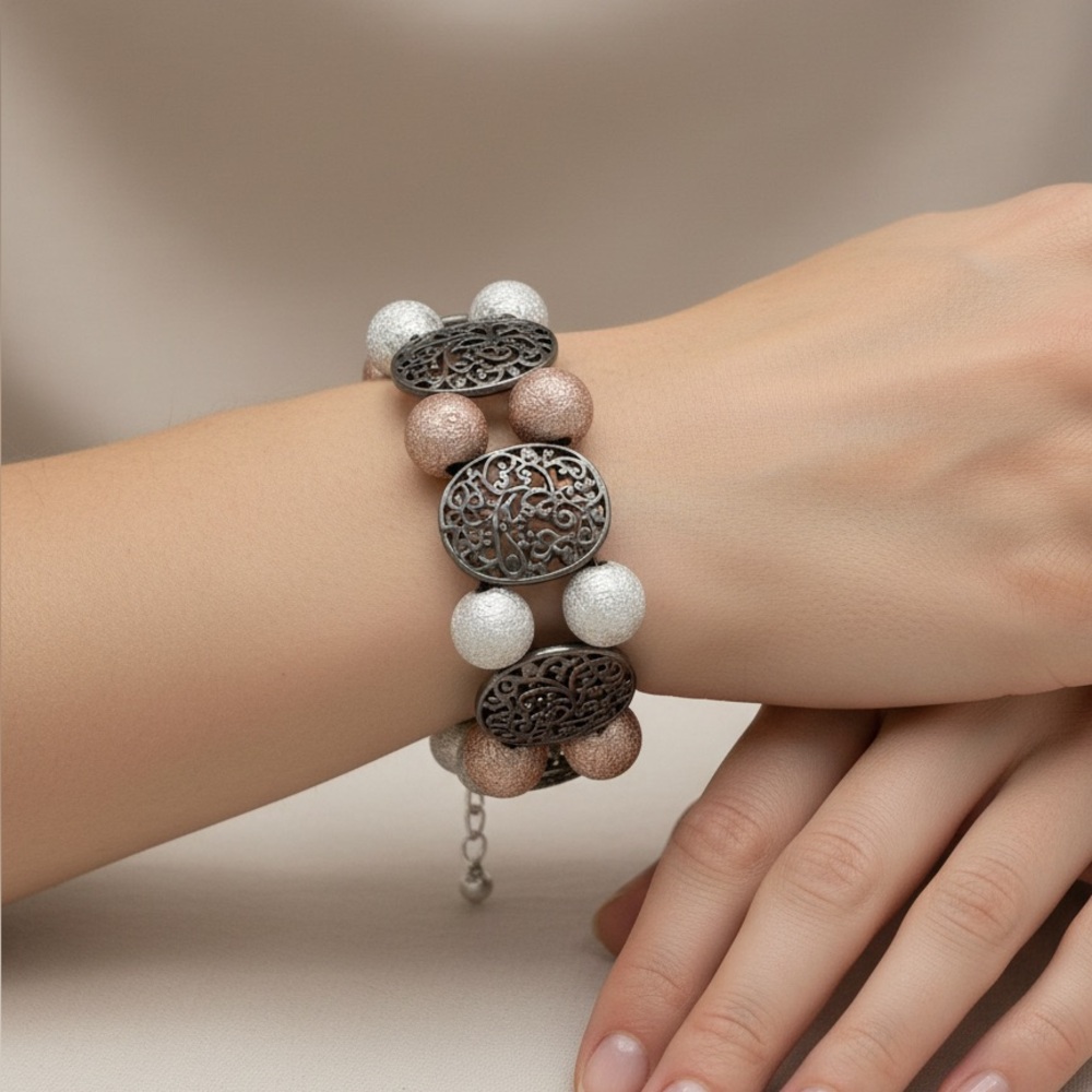 Pink & Silver Metallic Bead Bracelet with Gunmetal Filigree Accents – 8”